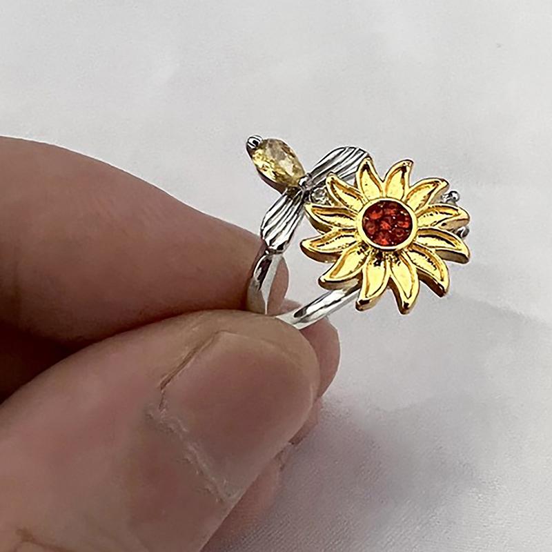 Кольцо с вращающимся подсолнухом, регулируемое по размеру, с цирконием, маленькая пчелка