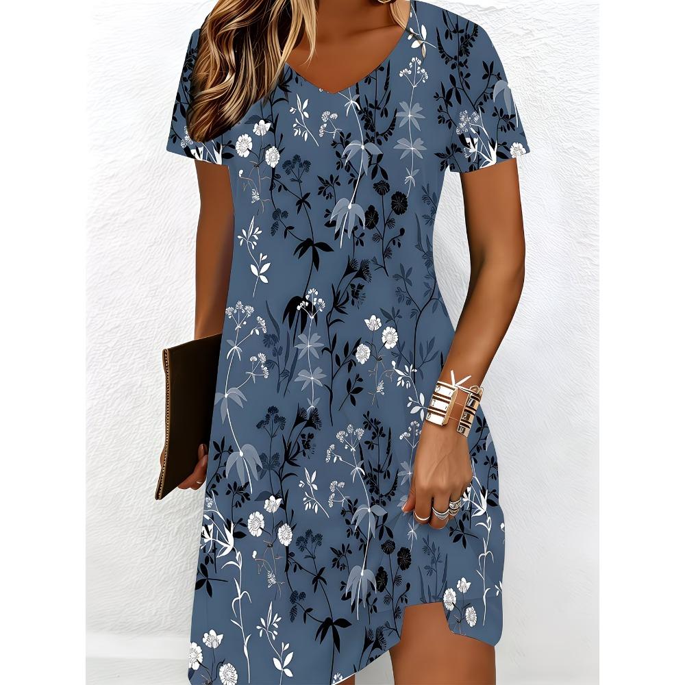Summer Women's V-neck Short-sleeved Dress Elegant Floral Print Loose Casual Dress