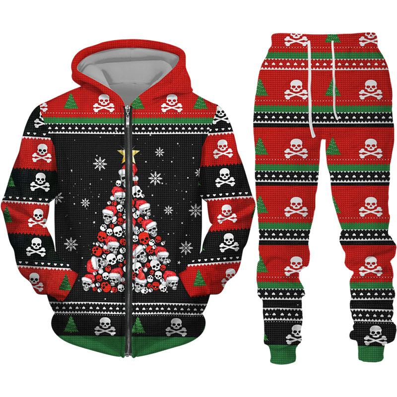 Модные рождественские мужские толстовки с принтом черепа на молнии/брюки/комплект, тонкая куртка с капюшоном с узором, костюм для пары, уличная одежда