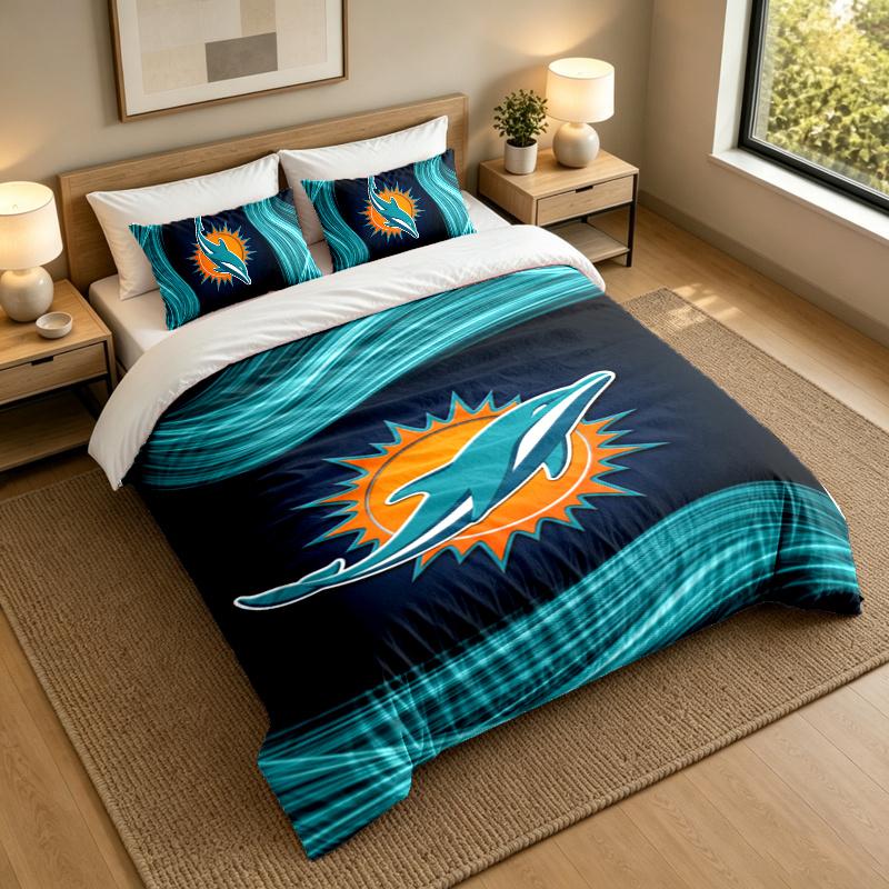 3-Piece Bed Sheet Set with Miami Dolphins Design, 1 Flat Sheet and 2 Pillowcases for Bedroom