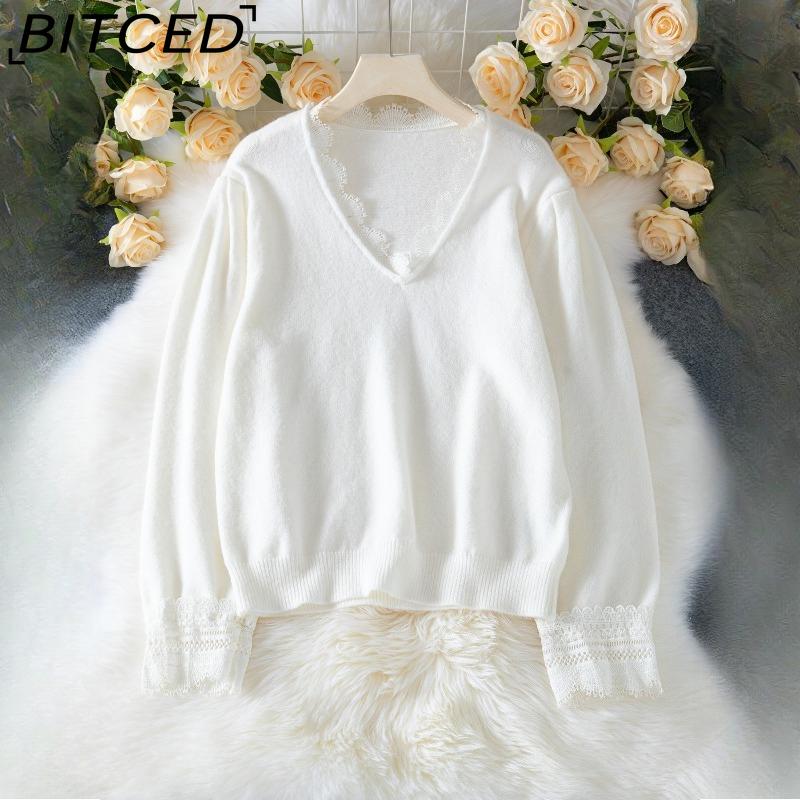 BITCED Осенне-зимний элегантный женский пуловер с длинными рукавами с кружевными вставками