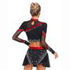 Womens Cheerleading Costume Set Long Sleeve Rhinestone Crop Top Matching Dance Skirt Performance Outfit