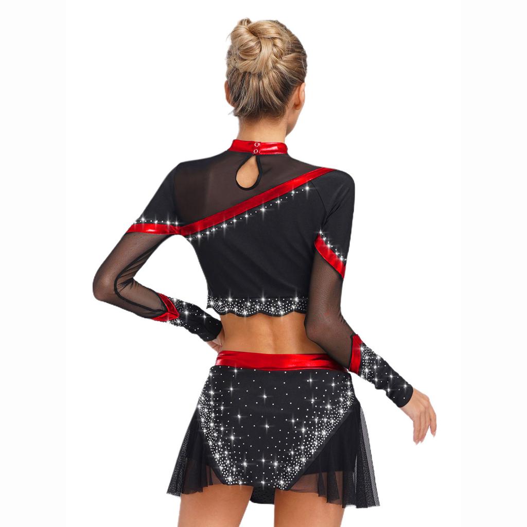 Womens Cheerleading Costume Set Long Sleeve Rhinestone Crop Top Matching Dance Skirt Performance Outfit