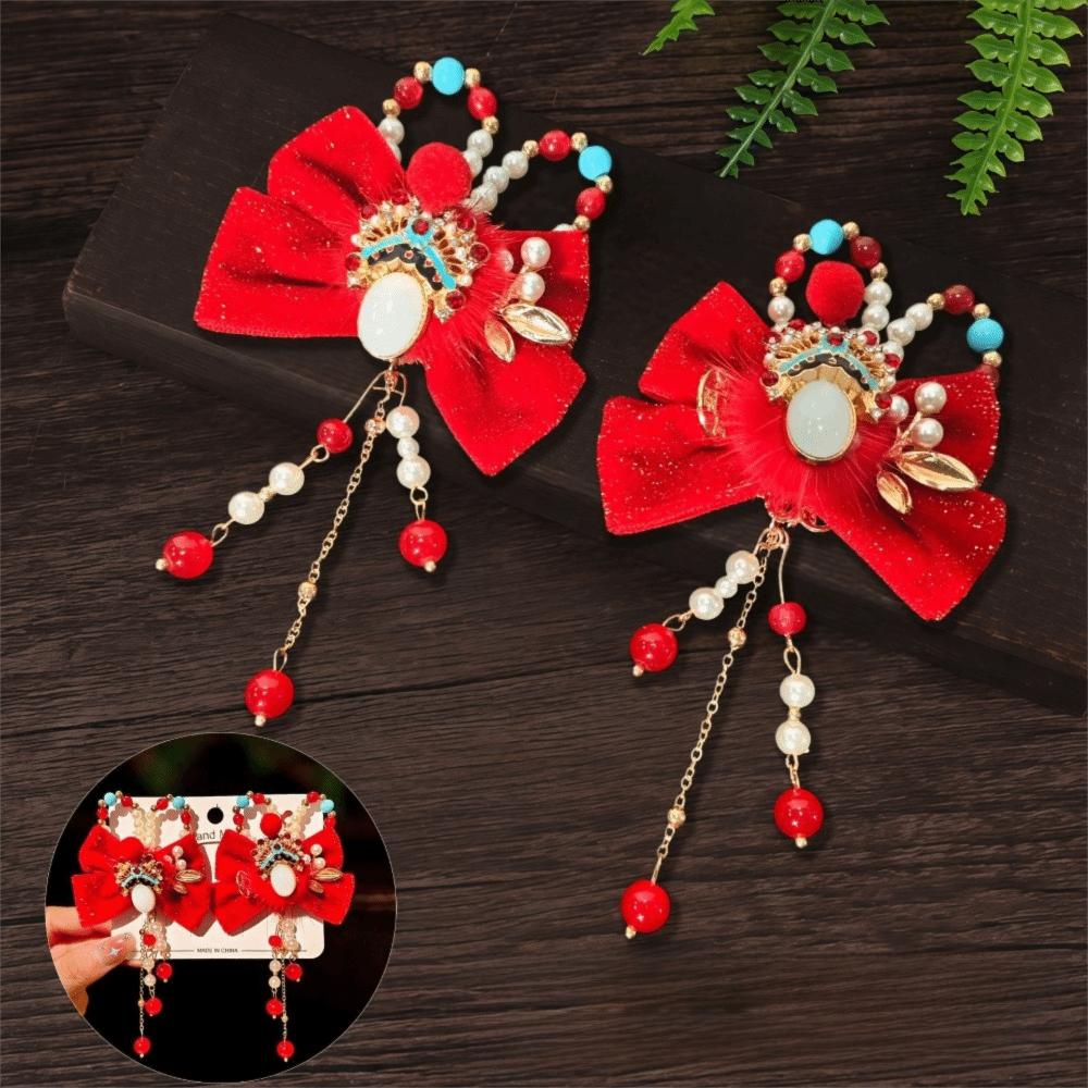 1 Pair Flower Hanfu Red Hair Clips Pearl Bow Tassel Hairpin New Year Headwear  Children