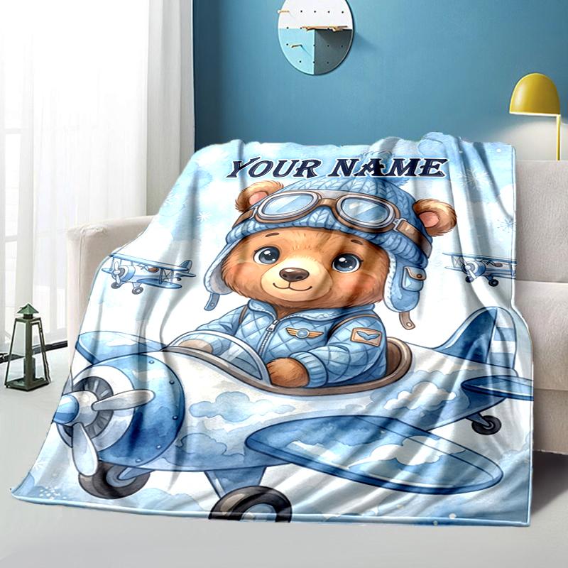 1PC Custom Name Bear Pilot Adventure Sky blanket versatile,all-season throw suitable for the living room,bedroom,camping,travel,and gift