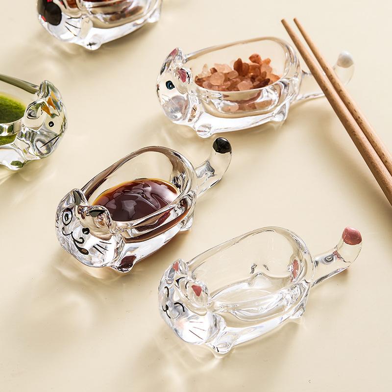 Cat Crystal Glass Dipping Dish Creative Ketchup Bowl Soy Sauce Vinegar Dish Home Appetizer Plate Chopstick Rest 4-Pack