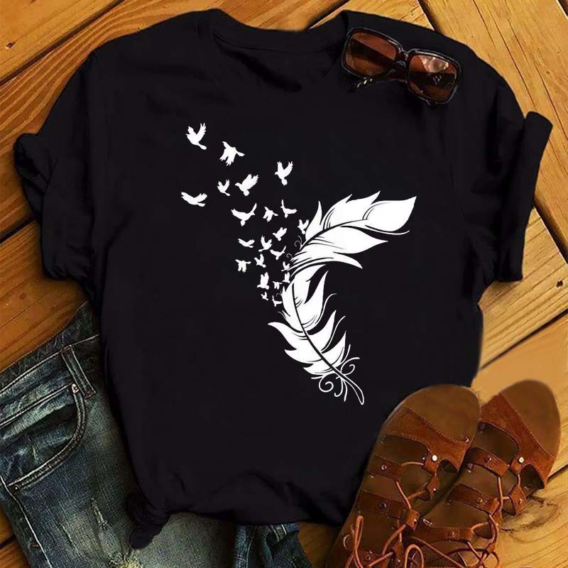 Модная женская футболка с забавным принтом бабочки и пера, футболка, летние топы с коротким рукавом, футболка, женские футболки с перьями