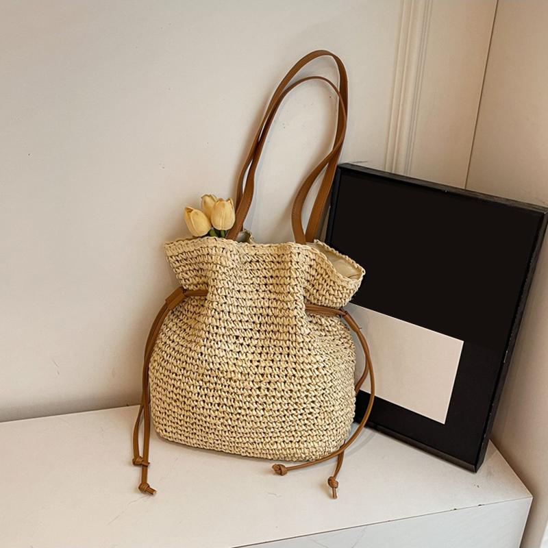 Yogodlns Женская соломенная сумка подмышкой, однотонная плиссированная сумка, большая вместимость, модная сумка на плечо, дорожная сумка для покупок, пляжная сумка