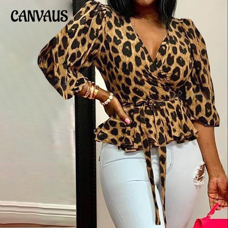 Women's Plus Size Personalised V-Neck Long Sleeve Loose Leopard Print Top