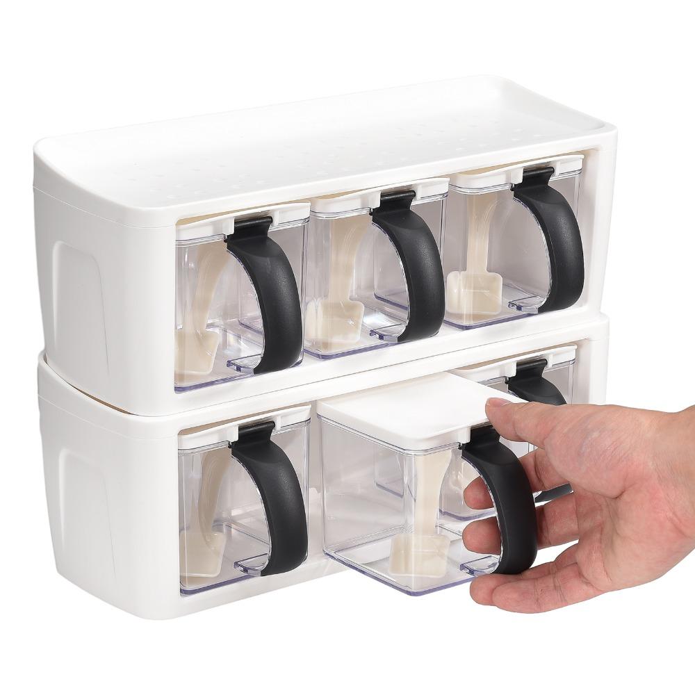 2pcs 3 Grids Seasoning Container Set With Lid And Spoon Condiment Storage Jars For Kitchen