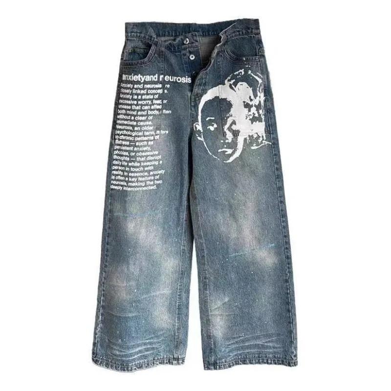 American Harajuku Retro Y2K Graphic Print Jeans High Waist Wide Leg Streetwear