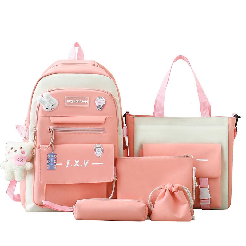 School Bag, Primary School, Junior High School, Multi-functional School Bag, Women's Large-capacity Backpack, Five-piece Set of Spine Protection