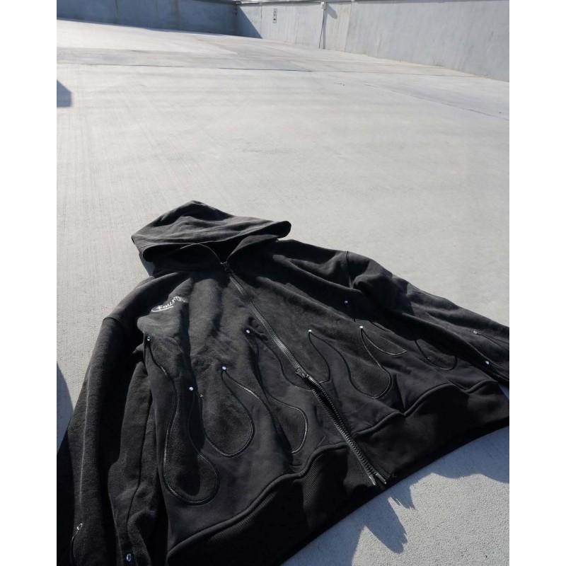 Unisex Oversized Hooded Zip-Up Sweatshirt With 3D Graphic Print Dark Streetwear Style Loose Fit Black