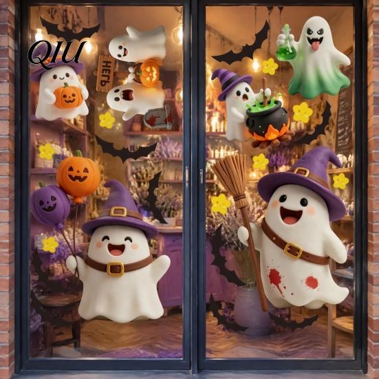 Removable Glass Stickers 2Pcs Cute Ghost Halloween Static Window Stickers, PVC Waterproof Cartoon Pumpkin Bat And Wall Decor Star Decals, Reusable