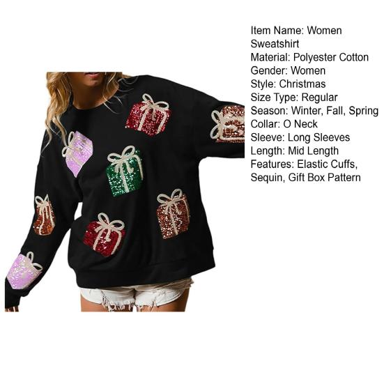 Women Christmas Sweatshirt Sequin Gift Box Pattern Colorful Round Neck Long Sleeve Loose Mid Length Pullover Party Holiday Top