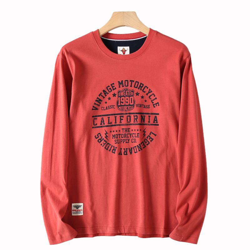Retro Trendy Letter Print Long-Sleeve T-Shirt for Men, American-Style Casual Washed Pure Cotton, Comfortable Round-Neck Base Shirt