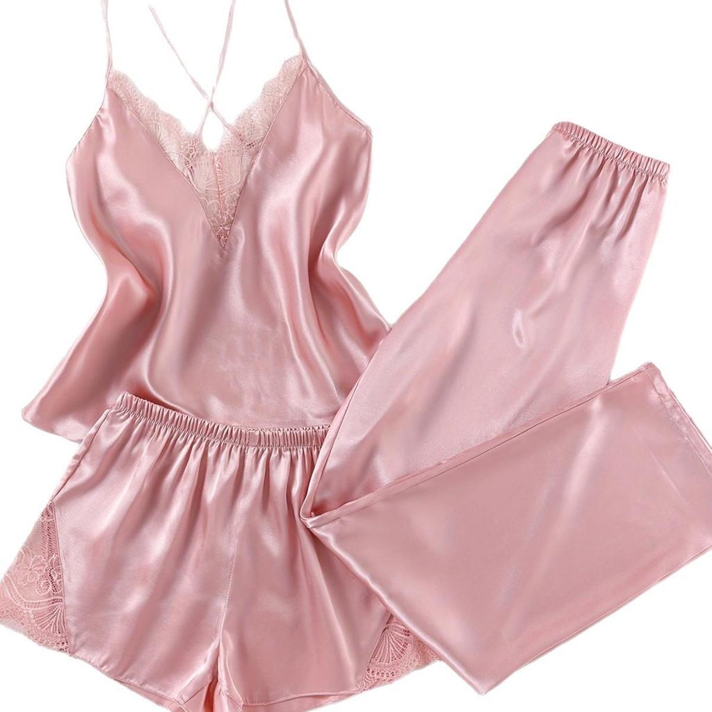 Women's Lace Satin Pajama Set - Camisole, Shorts & Wrap
