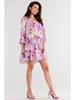 Loose mini dress with a V-neck and ¾ sleeves - purple flowers S/M