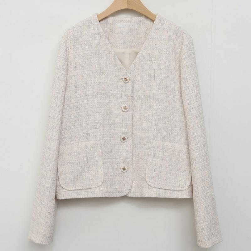 Shop Women No Collar Y Button Check Tweed Spring Jacket ivorY Rei Wjk 4269