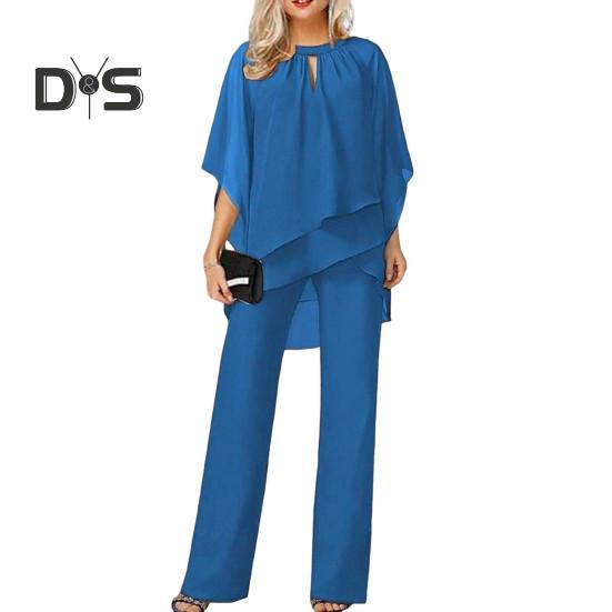 Комплект из 2 шт./компл., женский топ и брюки, комплект с открытыми рукавами и круглым вырезом, нерегулярный многослойный топ с широкими штанинами, однотонные брюки OL, повседневная одежда для поездок на работу