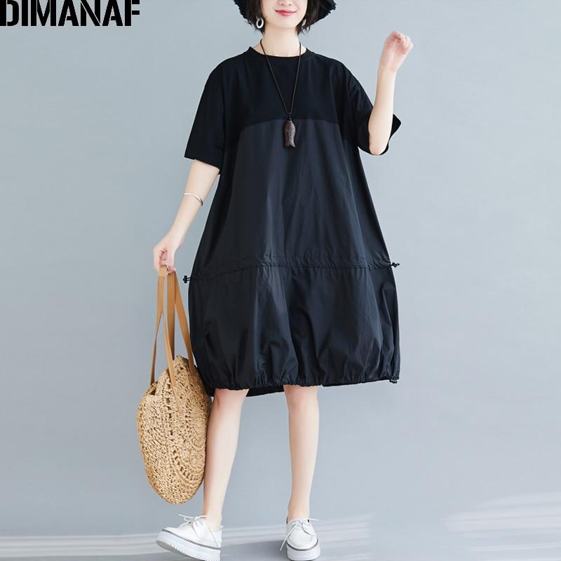 Dimanaf Женское платье больших размеров, летнее и весеннее хлопковое женское платье, свободная плиссированная одежда, повседневное сшитое платье, однотонный черный сарафан
