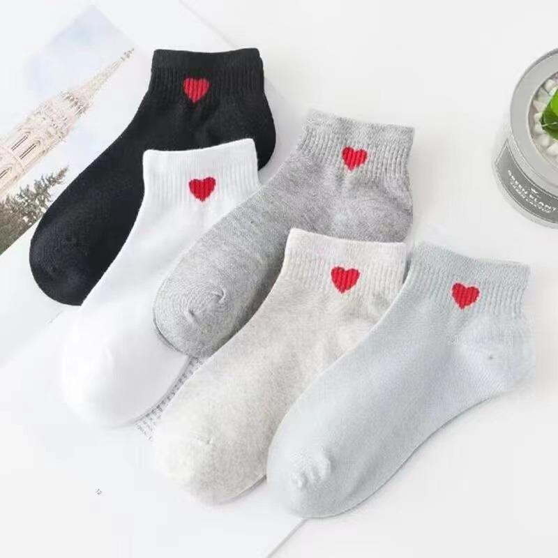 5 пар носков, короткие хлопковые носки, носки в стиле Харадзюку с узором в виде сердечек, однотонные милые носки в стиле хип-хоп