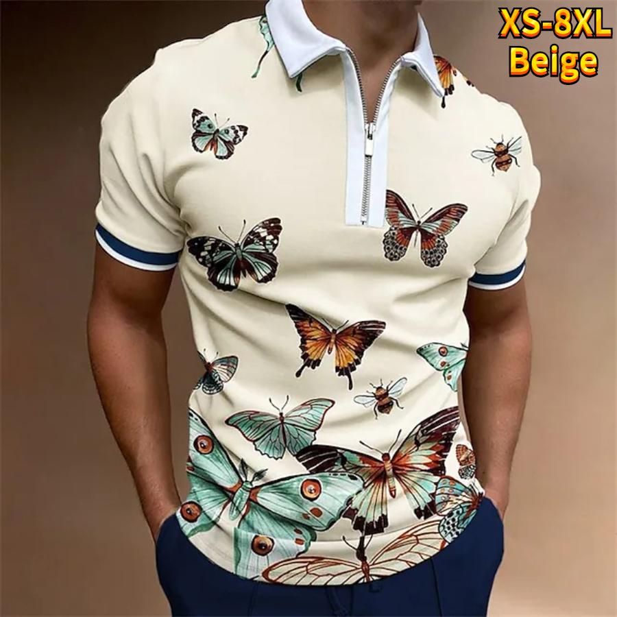 Casual Lapel T-shirt Young Men's Fashion Zipper T-shirt Short Sleeve T-shirt Men's 3D Flying Butterfly Print T Shirt
