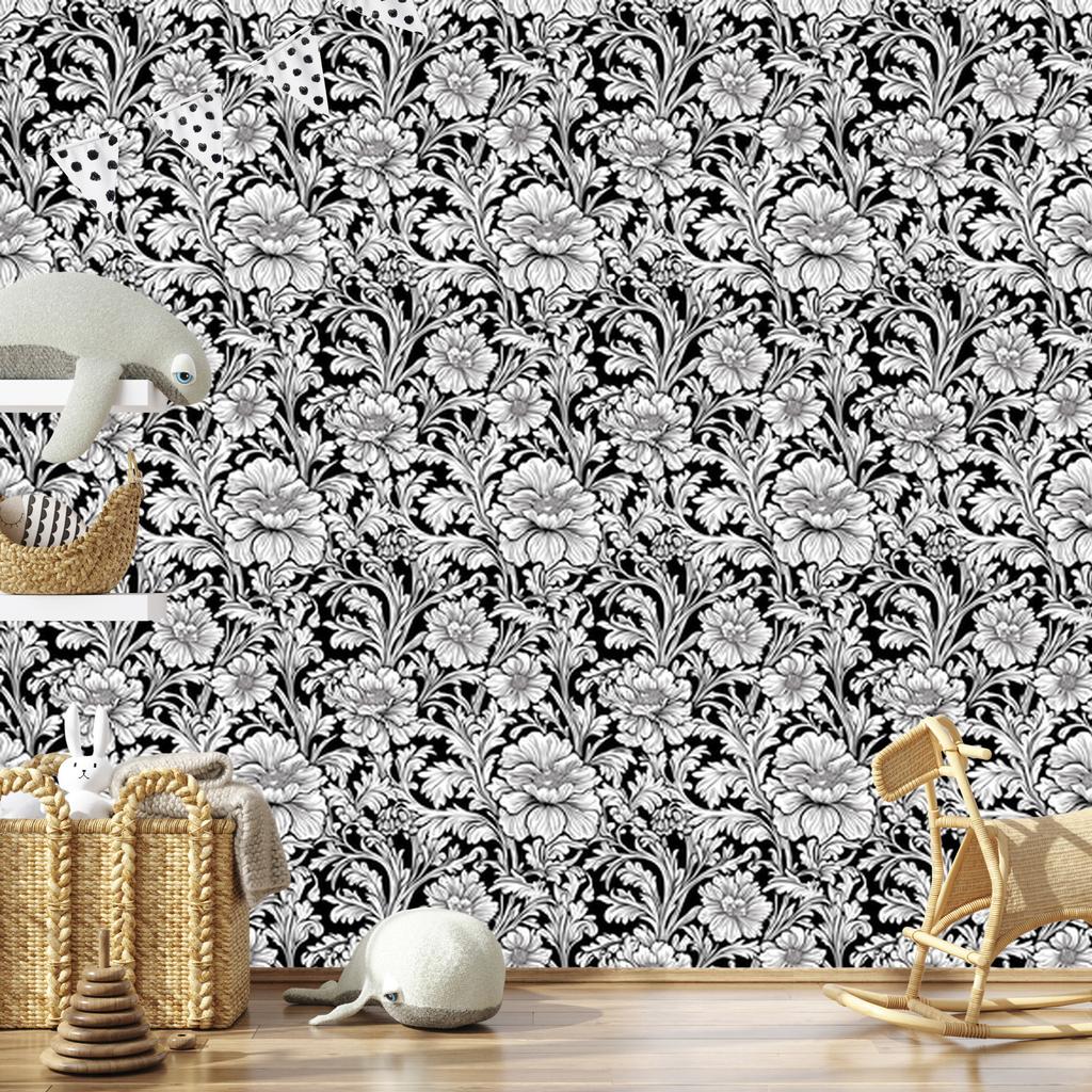 Wallpaper Black and white flowers gray, light gray and graphite 50x1000