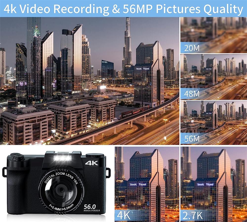 4K Digital Camera 48MP with 3 LCD Screen 16X Zoom Wide Angle & Macro Lens HDMI Output Motion Detection Supports 128GB SD Card