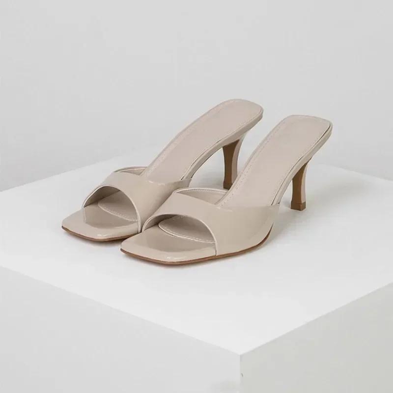 Summer Women Open Toe Slippers Square Thin Heel Slip On Mules Outdoor Dress Office Ladies Heeled Sandals