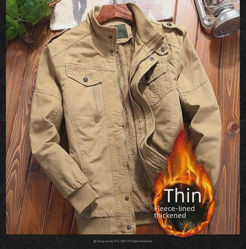 Men's Military-Style Washed Cotton Jacket with Velvet Lining