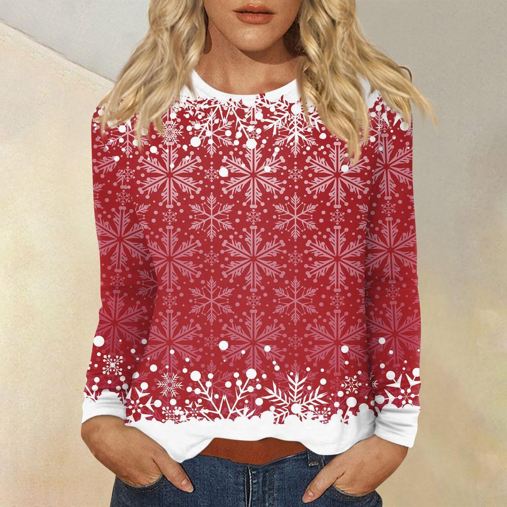 Рубашки с длинным рукавом для женщин, милые футболки с принтом на Рождество, блузки, повседневные топы больших размеров, пуловеры