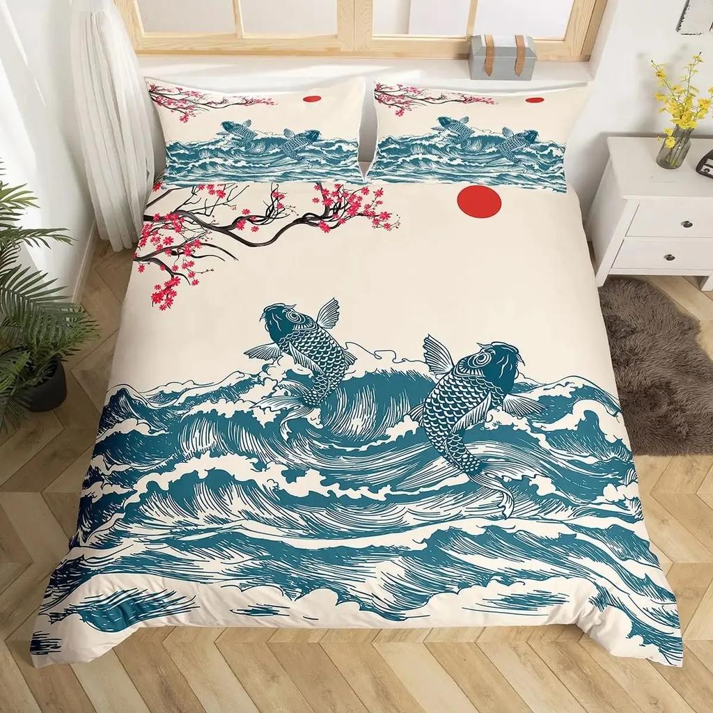 Koi Fish Duvet Cover Set Carp Tie Dye Bedding Sets Traditional Chinese Ink Art Bedspread Lotus Leaf Nature Quilt Cover Full Size