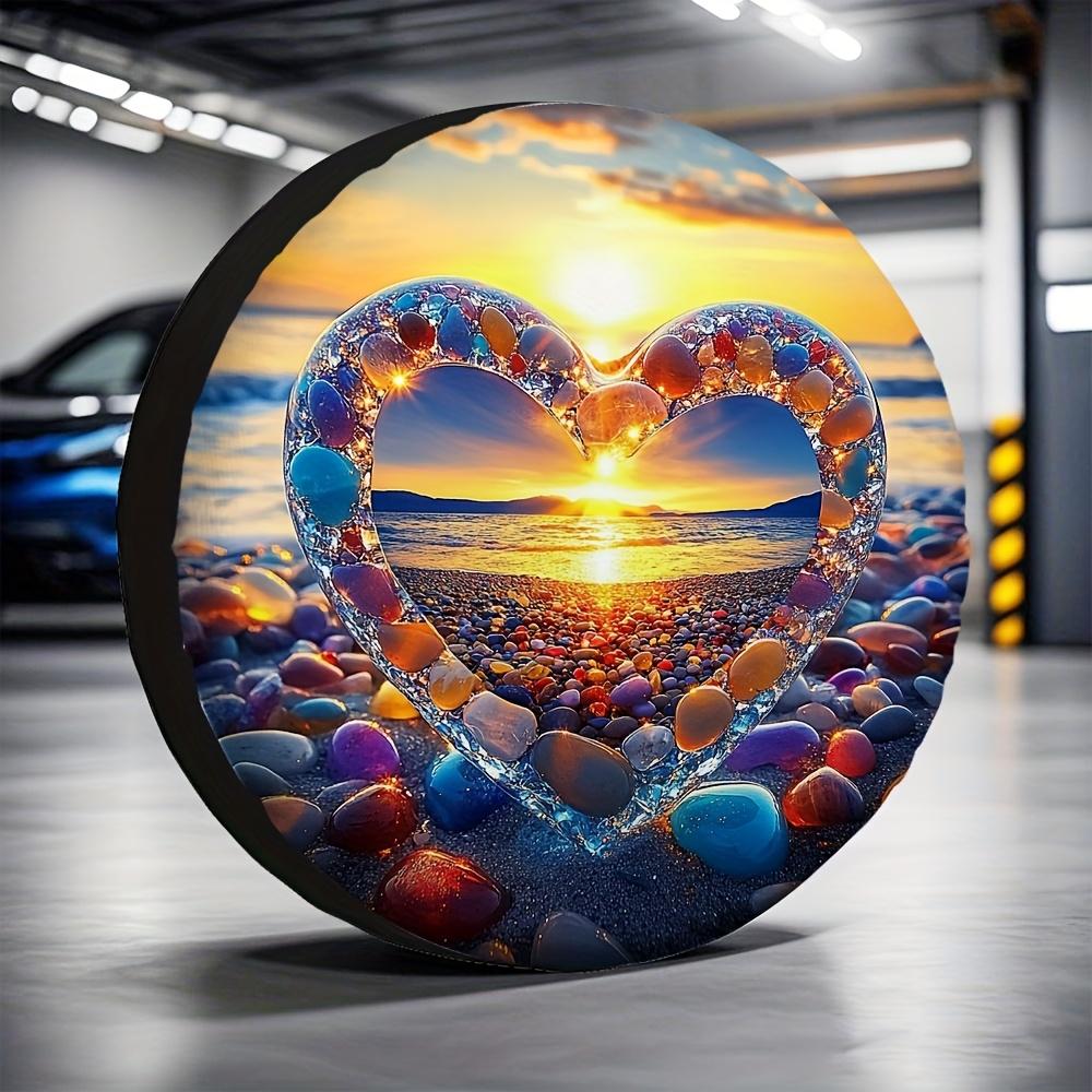 Heart Stone Sunset Beach Tire Cover Durable Polyester Outdoor Spare Wheel Protector