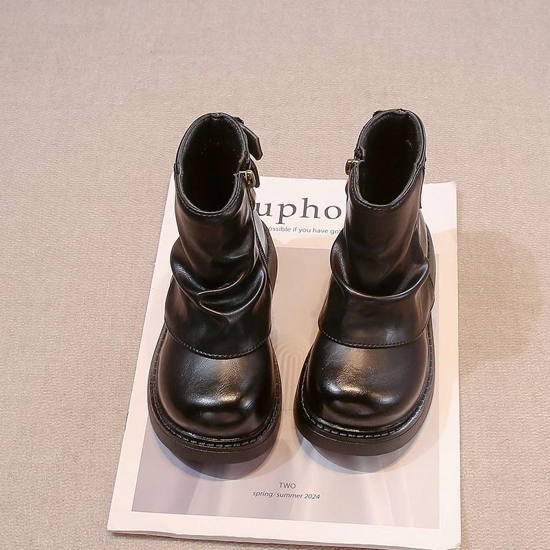 2024 Детские модные ботинки для девочек Зимняя новая мода Британский стиль Мягкая подошва Нескользящие Универсальные Трендовые кожаные туфли