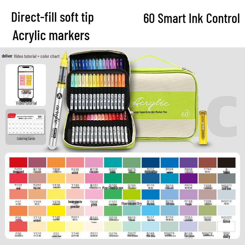60-Color Soft Tip Acrylic Markers, Opaque & Layerable for Art Students, Watercolor Pens