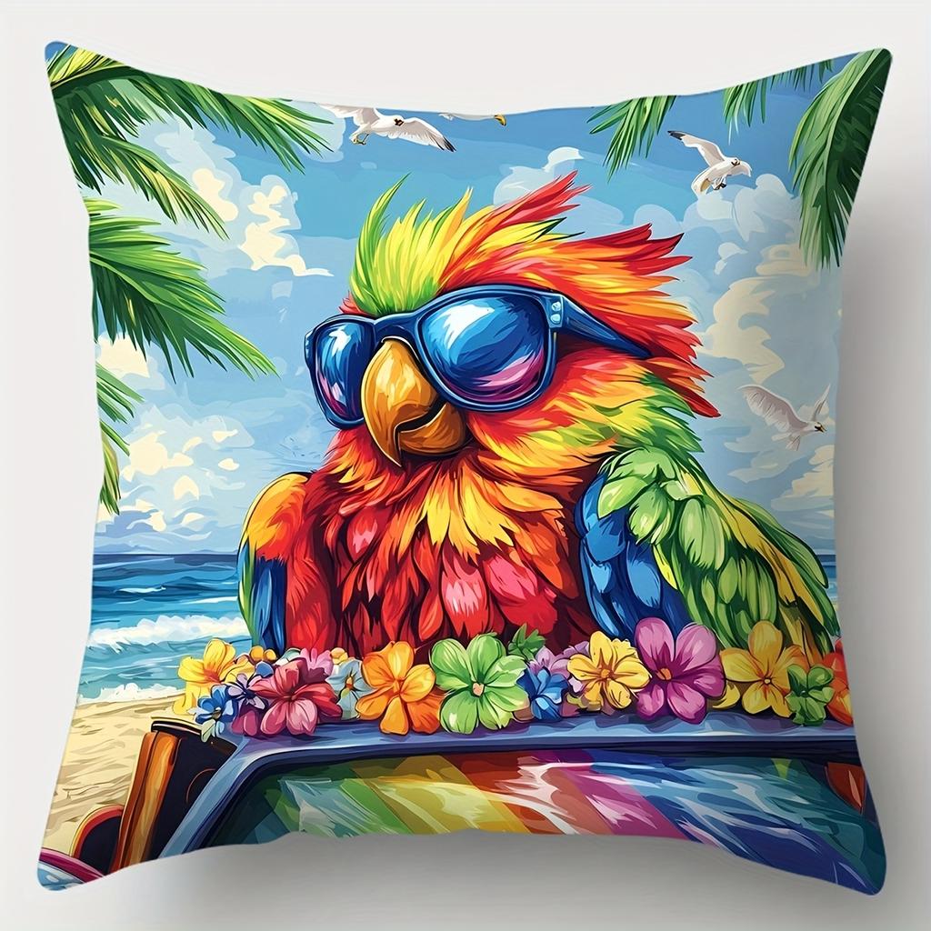 Parrot And Beach Theme Digital Printing Pillow Cover Short Plush Suitable Living Rooms Bedrooms Sofas Throw Cushion Cover 4Pcs