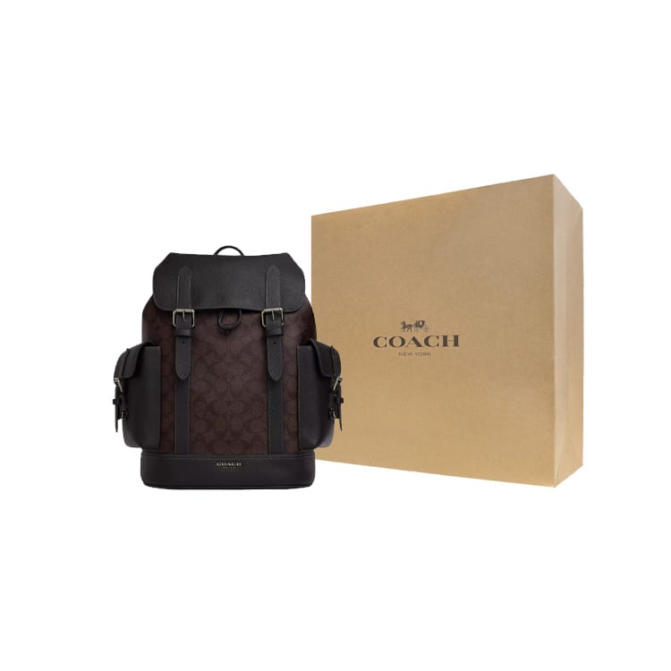 COACH Hudson Coated Canvas With Leather Backpack Large Men's Mahogany & Black CR388-QBAE4