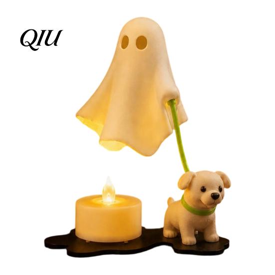 Anthropomorphic Ghost Pet Statue Walking Dog Night Light, 3D Printed LED Warm Lamp, Cute Playful Sculpture Puppy with Candle, Halloween Home