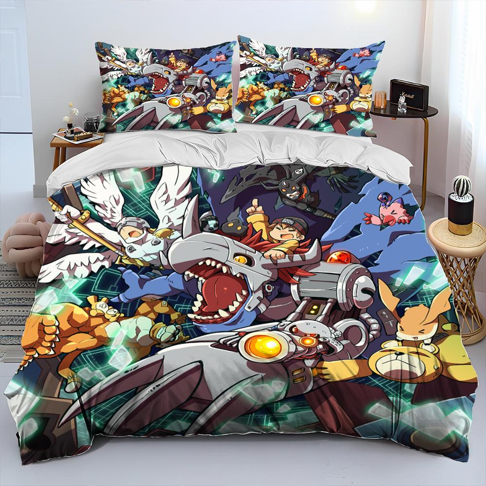 Digimon Adventure Монстр Мультфильм Комплект постельного белья,Пододеяльник Комплект для кровати Покрывало Наволочка,Комплект постельного белья размера кинг, квин