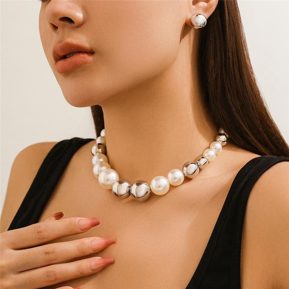 Punk Acrylic CCB Ball Bead Chain Necklace Drop Earrings for Women Vintage Imitation Pearl Clavicle Chain Grunge Jewelry Set New