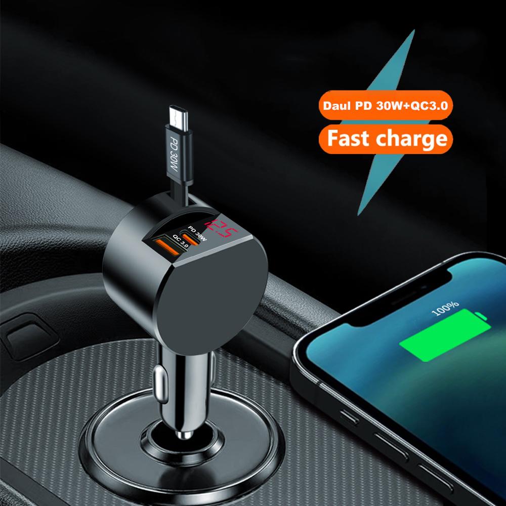 Автомобильное зарядное устройство Super Fast Charge Flash Charging с телескопическим кабелем, детектором напряжения, 3 в 1, с портами USB Type C, адаптер