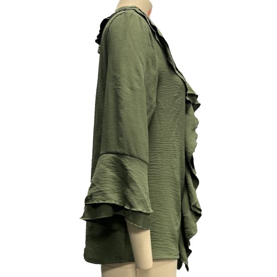 Women Shirt V-Neck 45355 Flying Sleeve Ruffle Stitching Design Solid Color Pullover Tops Loose Fit Casual