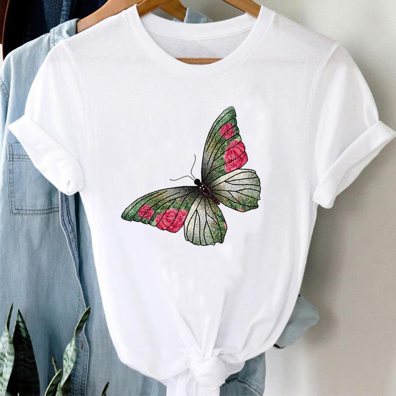 (Азиатский размер) Женская футболка с принтом мультфильма «Бабочка», сладкий топ в стиле 90-х, модная футболка, одежда, повседневная женская футболка с коротким рукавом и графическим рисунком