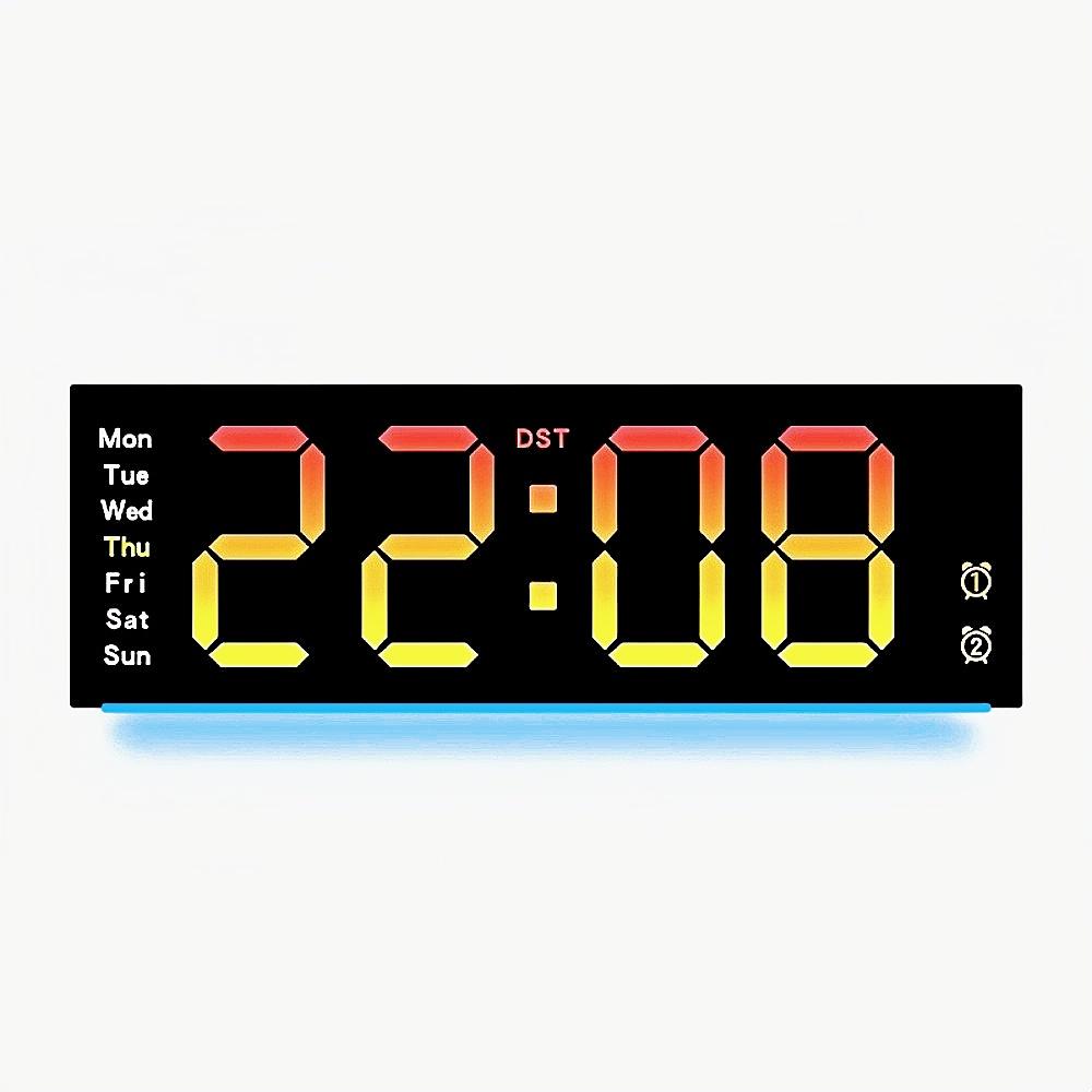 Remote Control Large Digital Wall Clock with 9 Colors Mood Light 2 Alarm Timer Table Clock 12/24H 10 Levels Brightness LED Clock