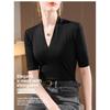 New mid-sleeve women's t-shirt 2026, elegant V-neck inner layer, stretchy base shirt, slim-fit waist top