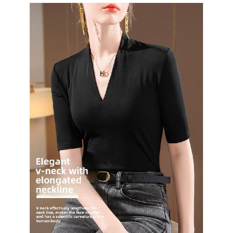 New mid-sleeve women's t-shirt 2026, elegant V-neck inner layer, stretchy base shirt, slim-fit waist top