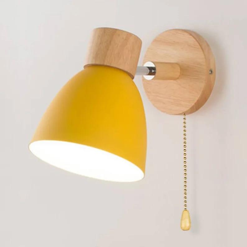 Nordic LED Wall Lamp With Switch Modern Iron Wall Light E27 Wooden Base For Bedroom Living Room Home Decor Fixture Macaroon Led