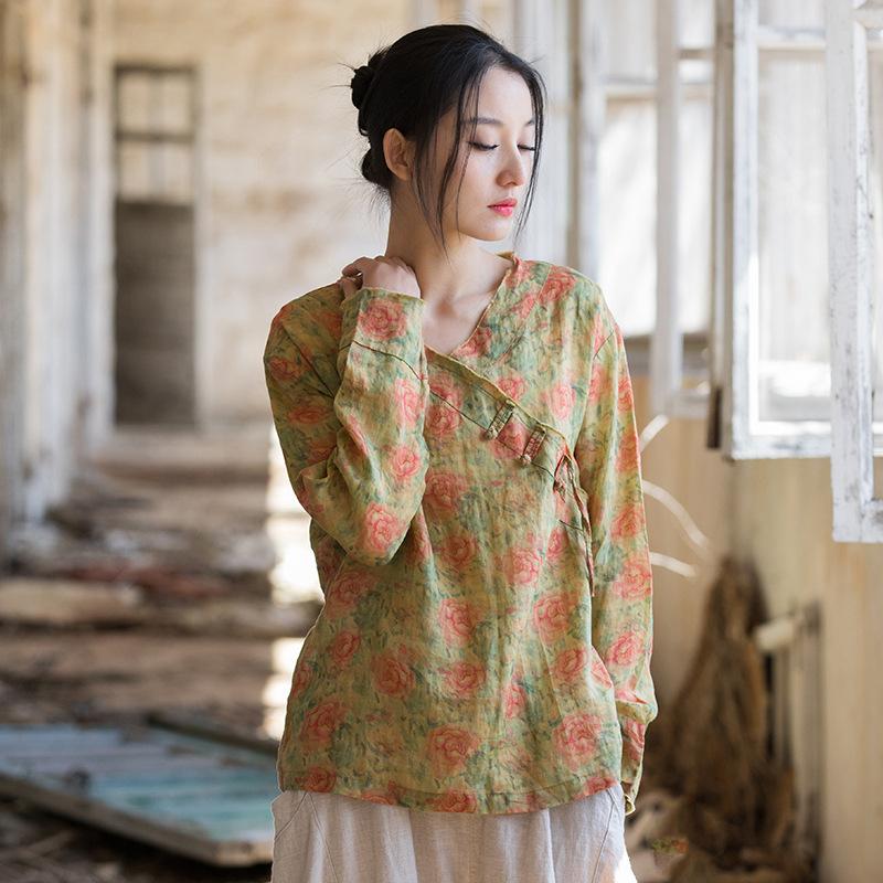 Johnature Women Chinese Style Shirts Tops V-Neck Long Sleeve Spring Print Floral Blouses Women Vintage Ramie Shirt