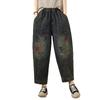 DIMANAF 2026 Лето Новые Женские Джинсы Большого Размера Эластичная Талия Винтажный Принт Длинные Брюки Свободные Повседневные Джинсовые Хлопковые Брюки